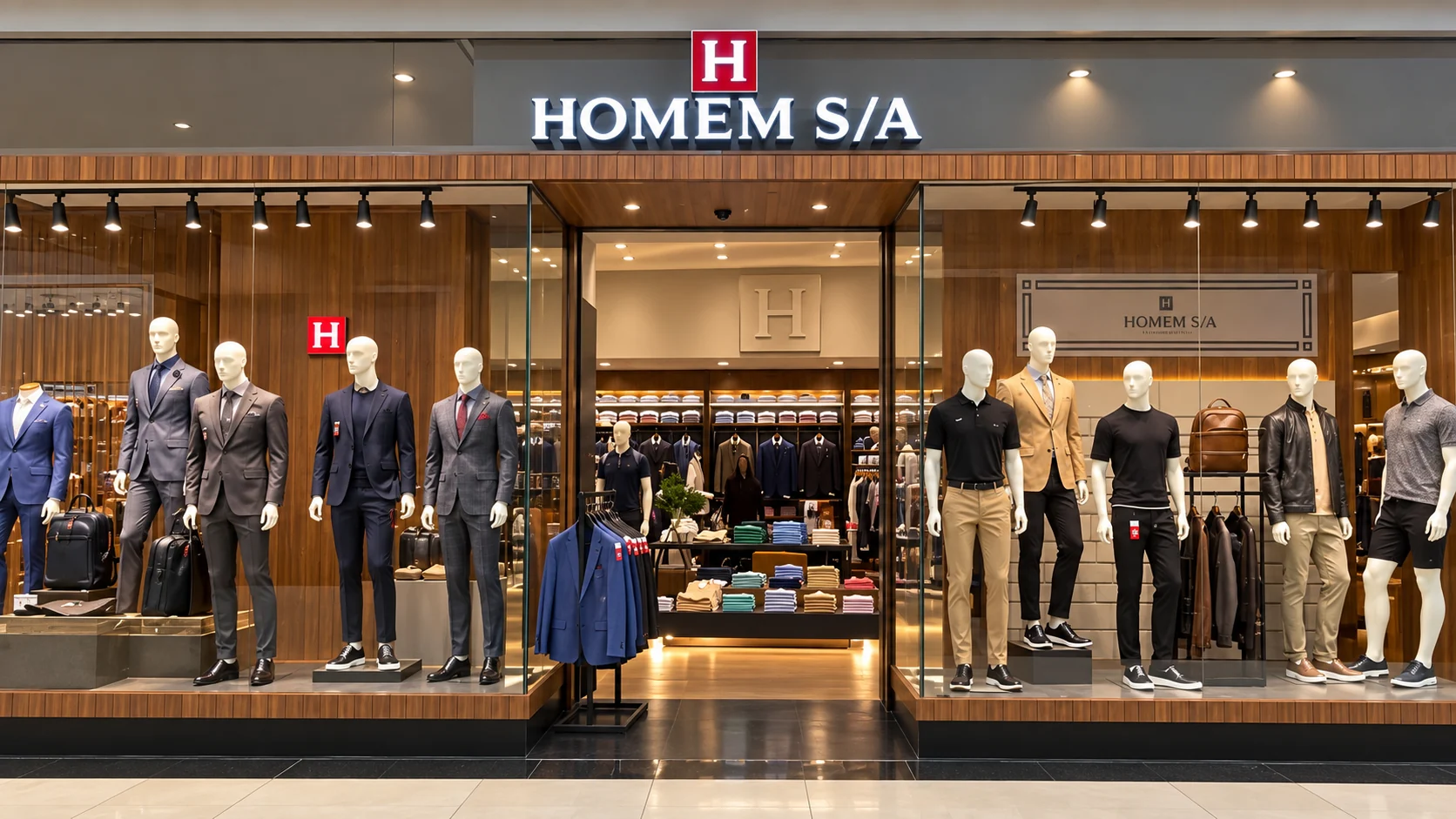 Fachada completa da Homem S/A em corredor de shopping center
